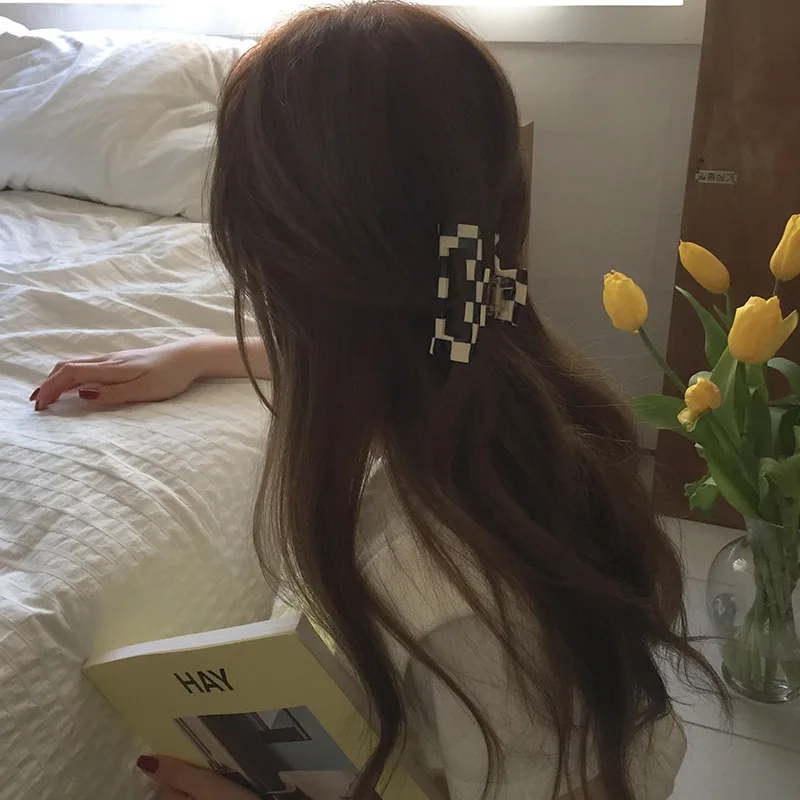 Ins Checkerboard Hair Claw Clips Acetate Fiber Hair Claw Metal Hair Accessories For Women& Girls