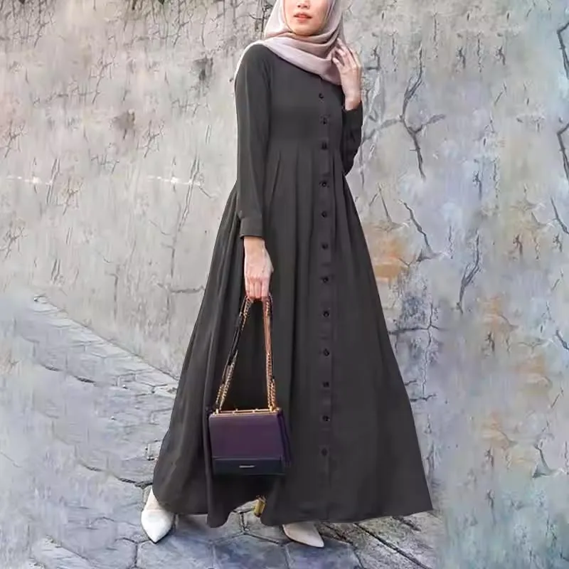 Simple New Fashion Long Sleeve Button Casual Dress for Dubai Turkish Women Muslim Adult Abaya Made of Polyester for Prayer