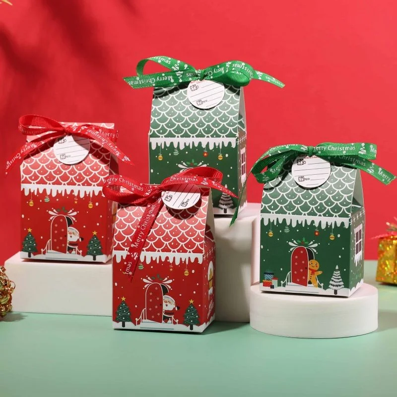 MorSun 50pcs New Christmas Snowman Gingerbread House Small House Box with Bow Wrapping Candy Biscuits Gift Snack Chocolat