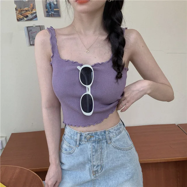 
Camisole Women Candy Colors Sweet Girls Tanks Cropped Tops Chic Popular New Arrival Ulzzang Ribbed Knitwear Female Casual Beach 