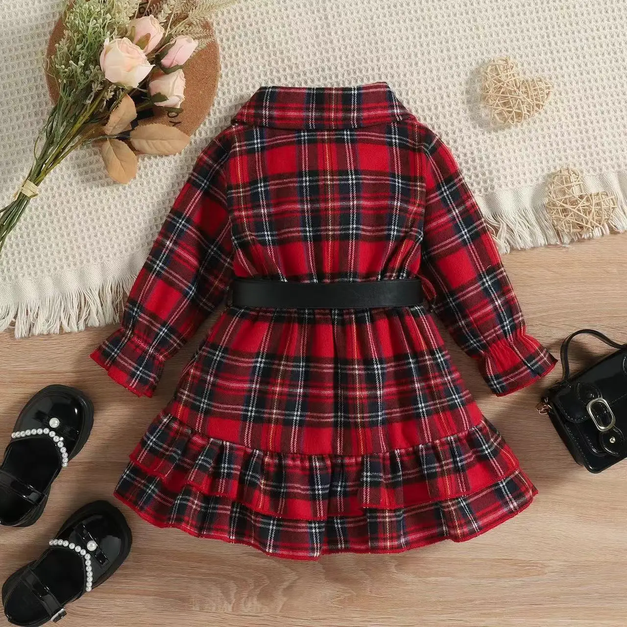 Hotsale Girl Christmas Dresses Red Fashion Belted V-neck Plaid Dress For Kids Girl Clothes Spring Fall Baby Dresses
