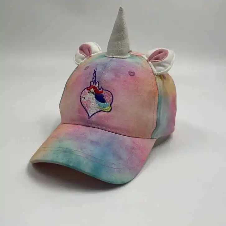 Kids baseball cap with horn & ears on the top of cap, with allover colorful printing  and embroidery on the front panel