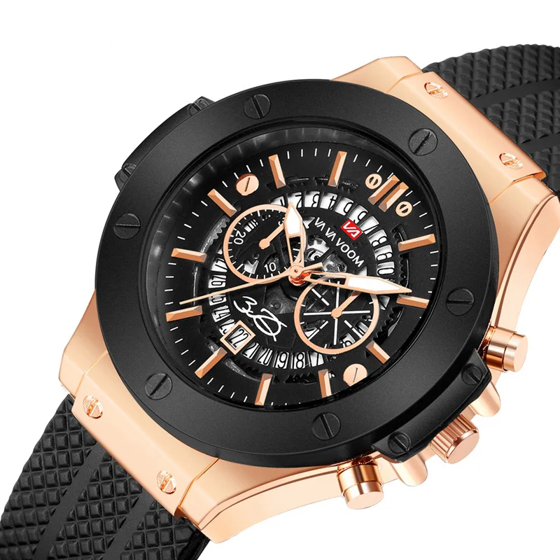 VAVA VOOM Mens Watches Luxury Rose Gold Business Quartz Wristwatch Silicone Strap Calendar relogio masculino Dropshipping 2019