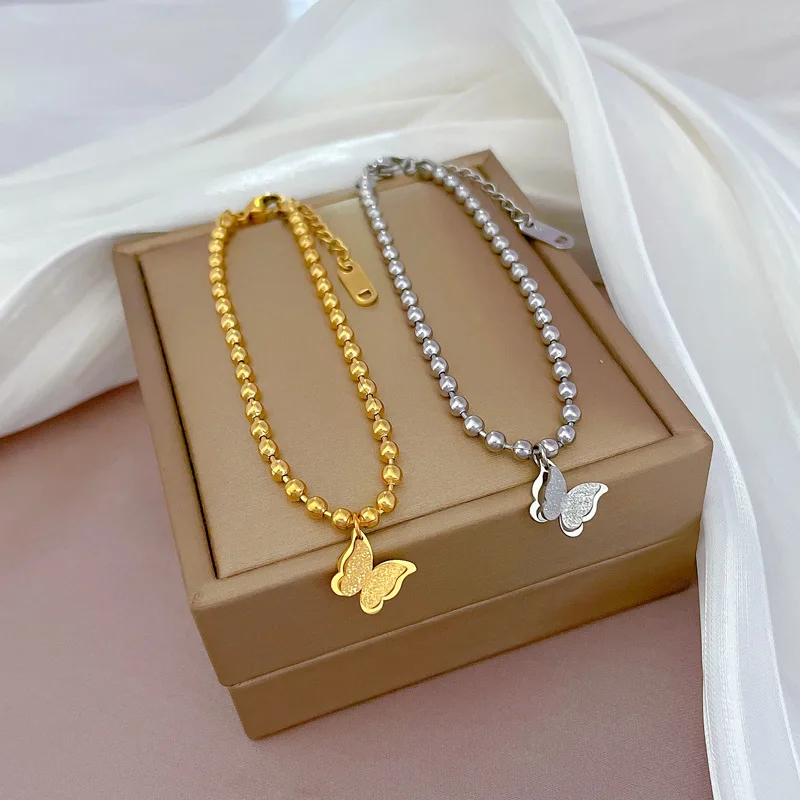Wholesale Vintage Stainless Steel Gold Beaded Chain Bracelet Titanium Steel Butterfly Charm Bracelet for women