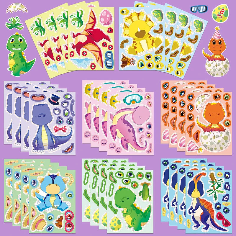 8pcs High Quality Kawaii Custom Animal Sticker UV Vinyl Decorative Original Dinosaur Face swap Sticker