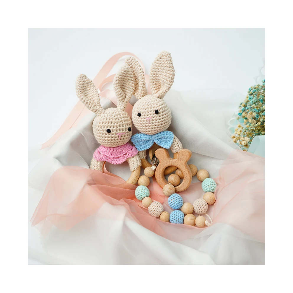 High Quality Crochet Bunny Wood Baby Rattle Set