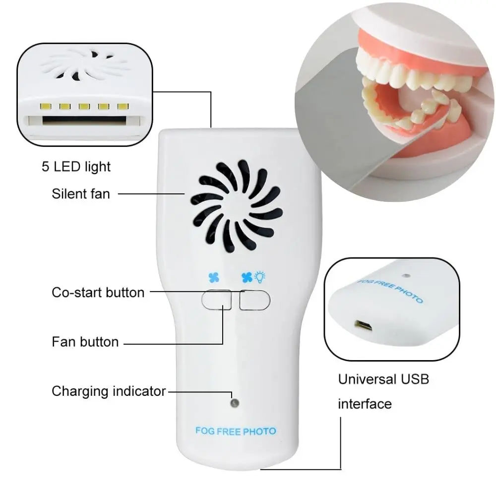 Electric Dental Mouth Mirror Photography Mirrors Automatic Defogging LED Photographic Reflector with 4 Interchangeable Mirrors
