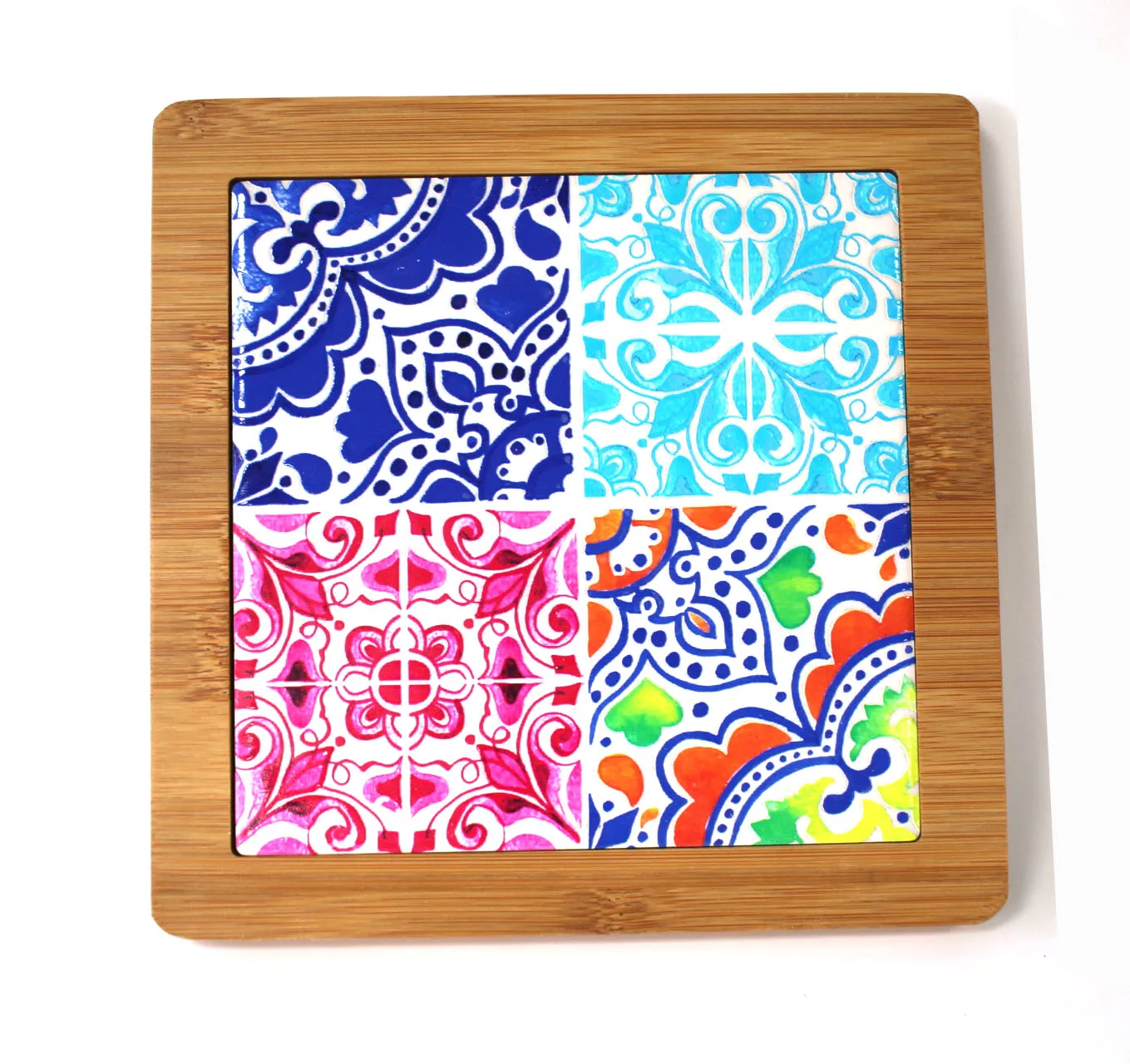 Customized square shape Ceramic Tile Trivet With bamboo