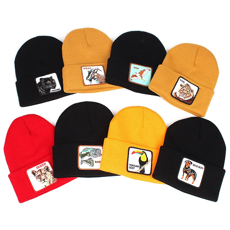 Wholesale Winter Warm Unisex Embroidered Knitted Skull Cap Animal Patch Beanie Hats For Men Women