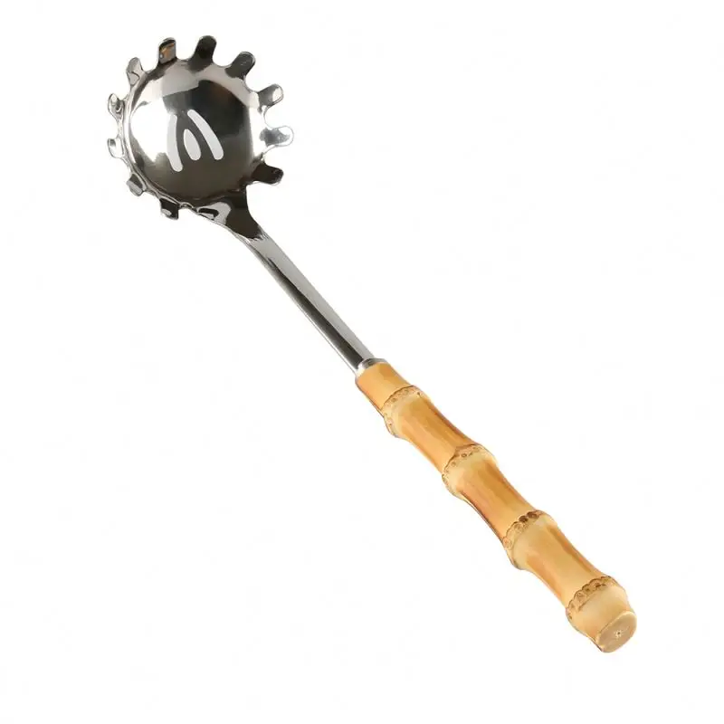 Kitchen Cooking Stainless Steel Bamboo Root Wood Handle Noodle Slotted Strainer Ladle Skimmer Spoon Fork Spaghetti Pasta Server