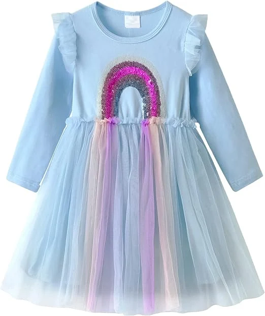 New Product Explosion pure blue sequin rainbow tutu dresses for girls kids lace dress girls dresses