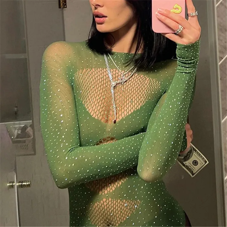 Fashion Patchwork Hollow Bodysuit Women Hot Drill High Stretch Long Sleeve Bodycon Tops Sexy Tight Bodysuits