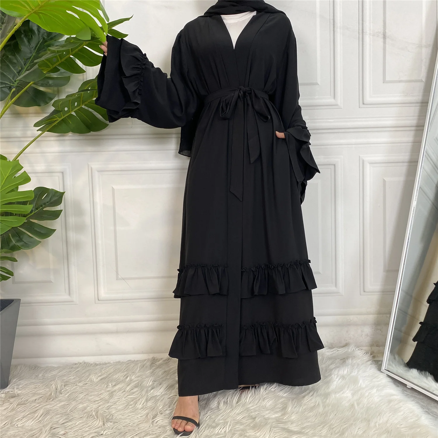 02#2022 Latest Simple Wholesale  Ruffle Sleeve With Pocket Women Muslim Dress Islamic Clothing Dubai Abaya