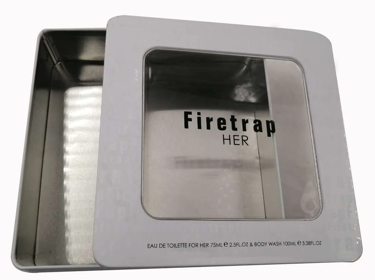 
China factory square tin box with clear window lid and logo embossed 