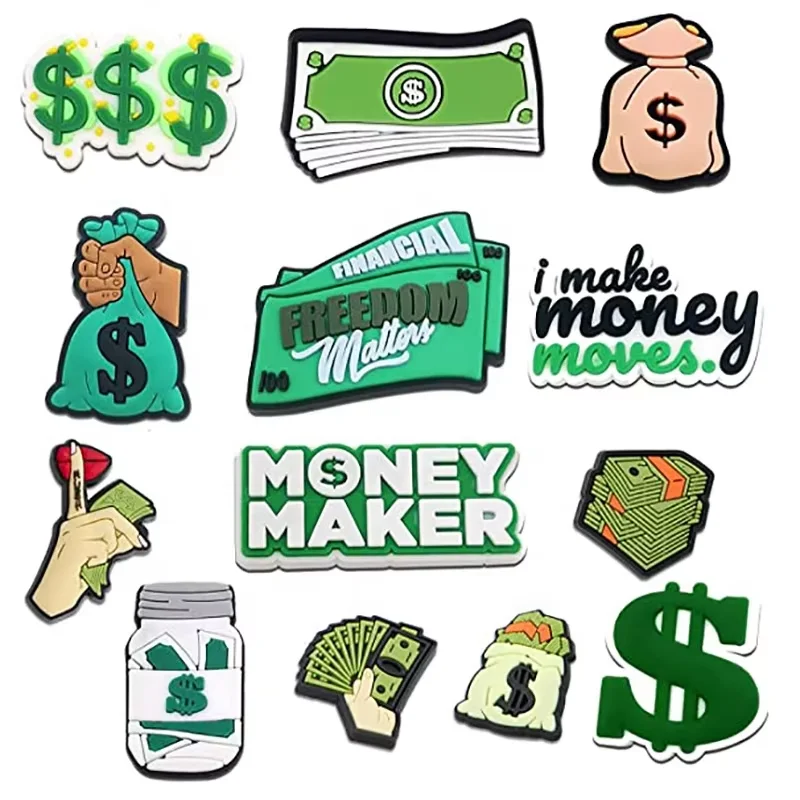 XH English Phrases PVC Shoe Charms Resin Dollar Money Letter Shoe Floral Chains Bottom Rivet Button Buckle Shoe Accessories