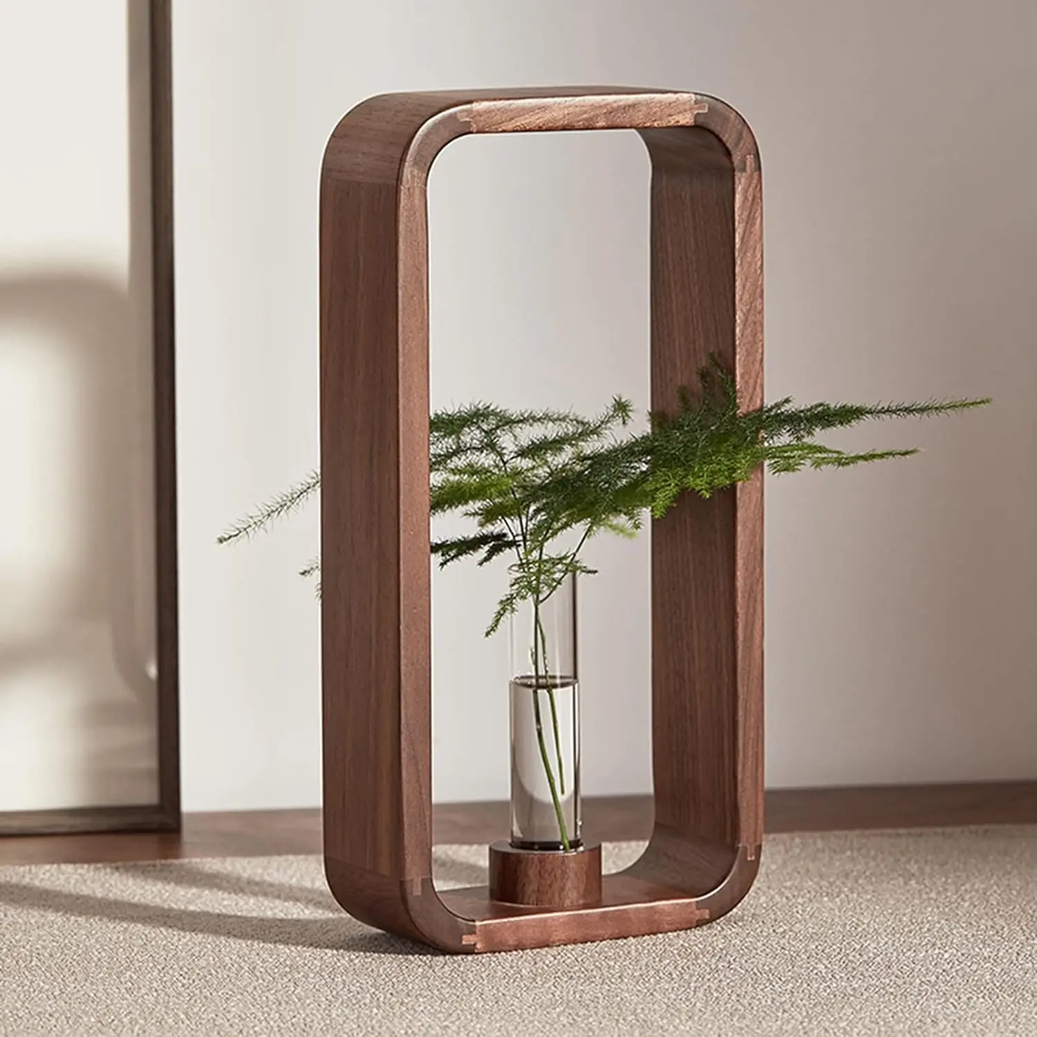202405 Transparent Glass Vase Plant Holder Walnut Wood Frame Flower Stand Table Garden Plant Decor