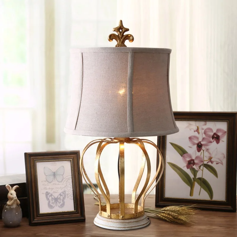 Modern decorative antique royal crown wrought iron table lamp linen shades made in china