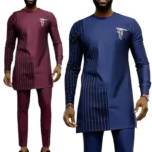 Dark red round neck African national style robe Shirt pants suit