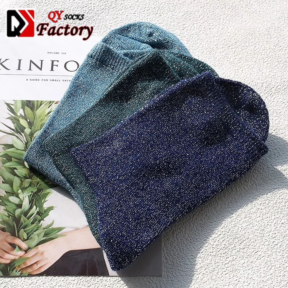 Custom Colorful Cotton Socks Silver Lurex Silk Glitter Ladies Fashion Socks Solid Color Gold Shiny Women Crew Socks