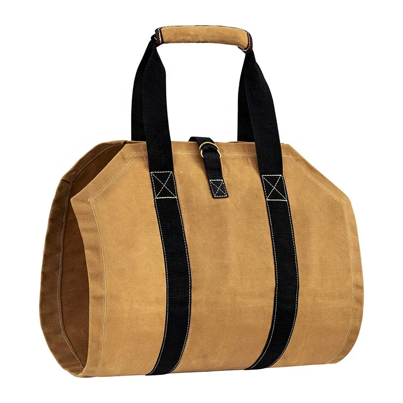 ODM OEM brown coffee color portable home fireplace canvas log tote bag firewood bag