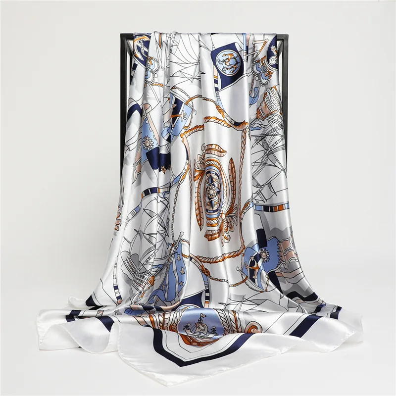 In Stock 2024 New Arrival Imitated Silk Satin Silk Scarf Luxurious Sailboat Anchor Print 90 * 90 square Scarf Milk Silk Shawl