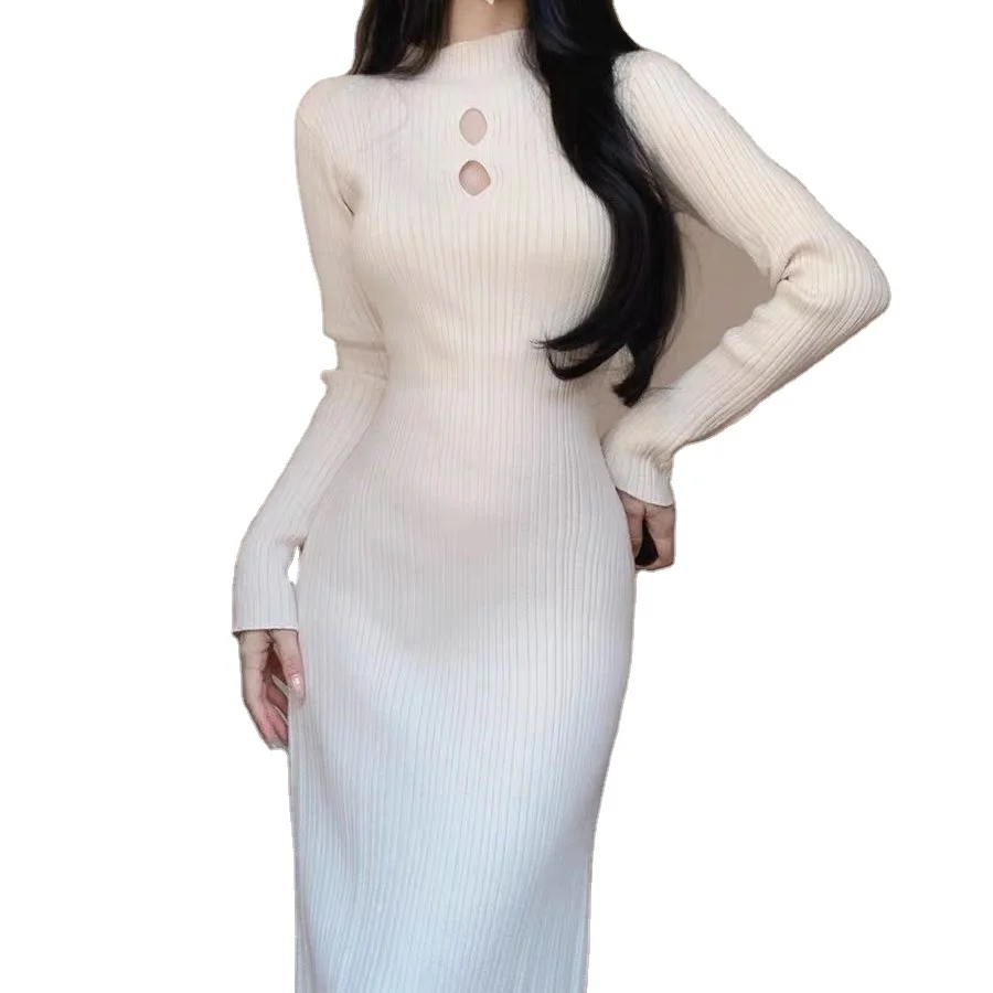 2024 Autumn/Winter hot temperament fashion simple semi-high neck slim sexy hollow casual party commuter knit dress