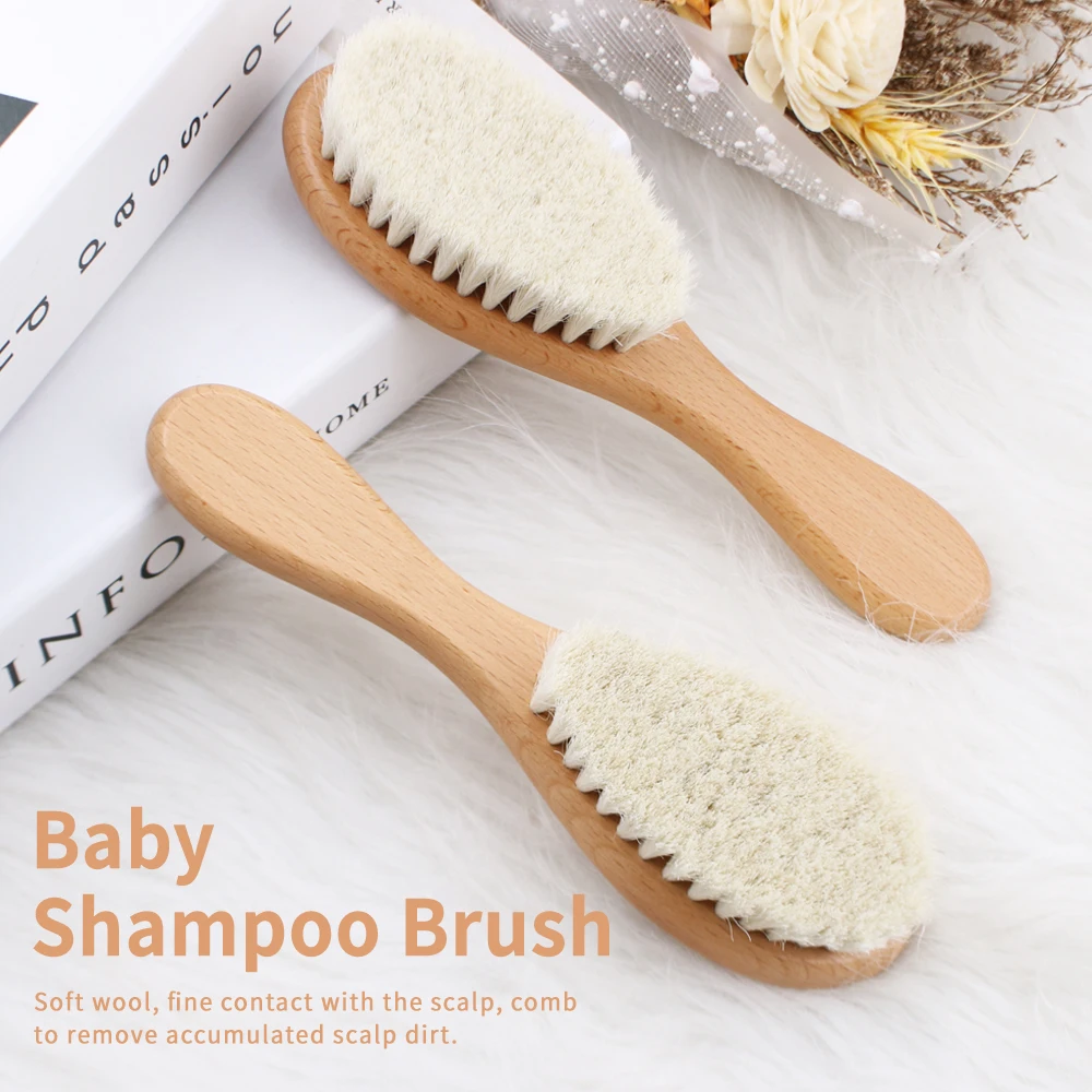 Natural soft wool slim smooth baby shampoo brush for newborn and Women Wooden Baby Brush and Comb Set