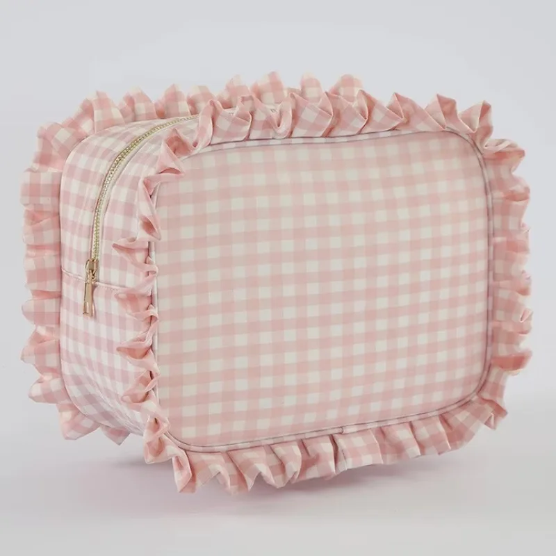 Custom Logo Mult Portable Travel Storage Gingham Plaid Ruffle  Pouch Zipper Cosmetic Accessories Makeup Organizers Make up Bag