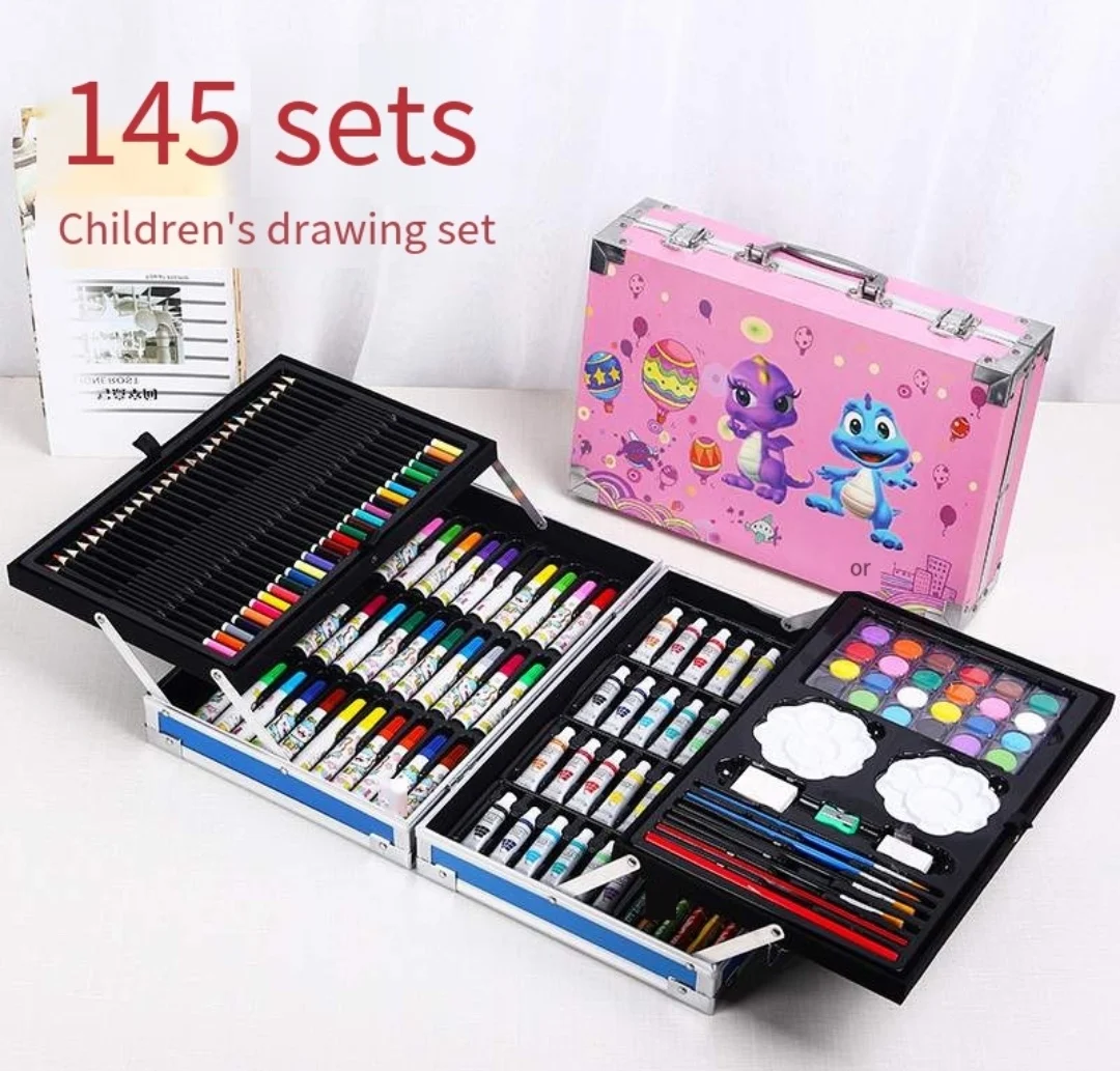 145 piece Deluxe Drawing Case Professional Customized Kit Stationery Aluminum Box Pen For Kids Drawing Painting Art Set