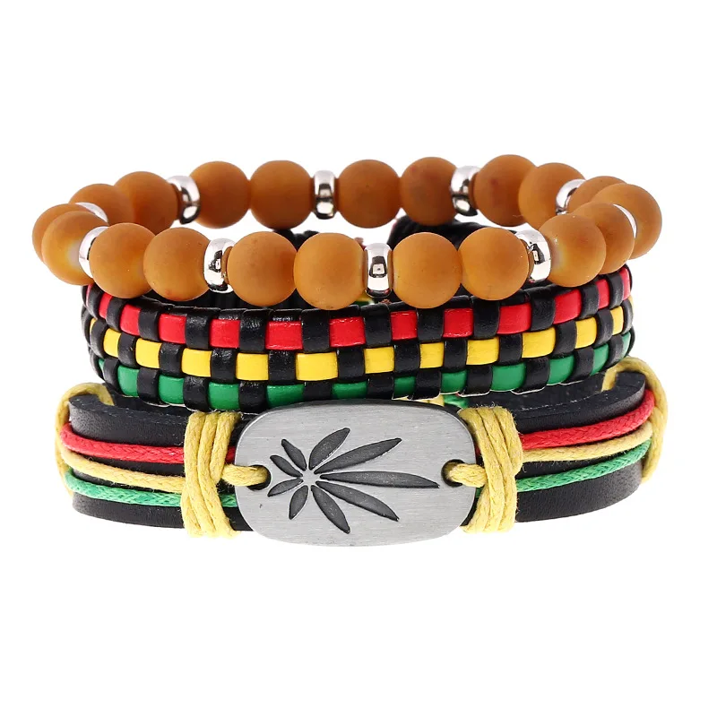 AA0160553 Red Yellow Green Woven Leather Bracelet DIY Leather Jewelry Rasta Jamacian Bracelet