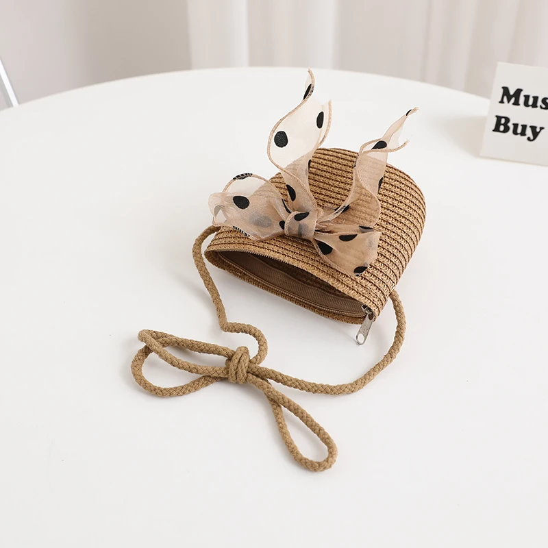 Summer Kids BagSet Luxury Ribbon Wide Wave Brim Bowknot Spotted Sweet Cute Sunshade Hat For Beach Outdoor Girl Bag Straw Hat Set