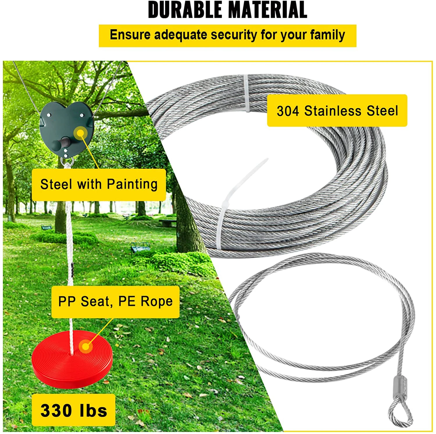 Great Outdoor Play Equipment Zip Line Kit With Stainless Steel Spring Brake and Seat for Teens