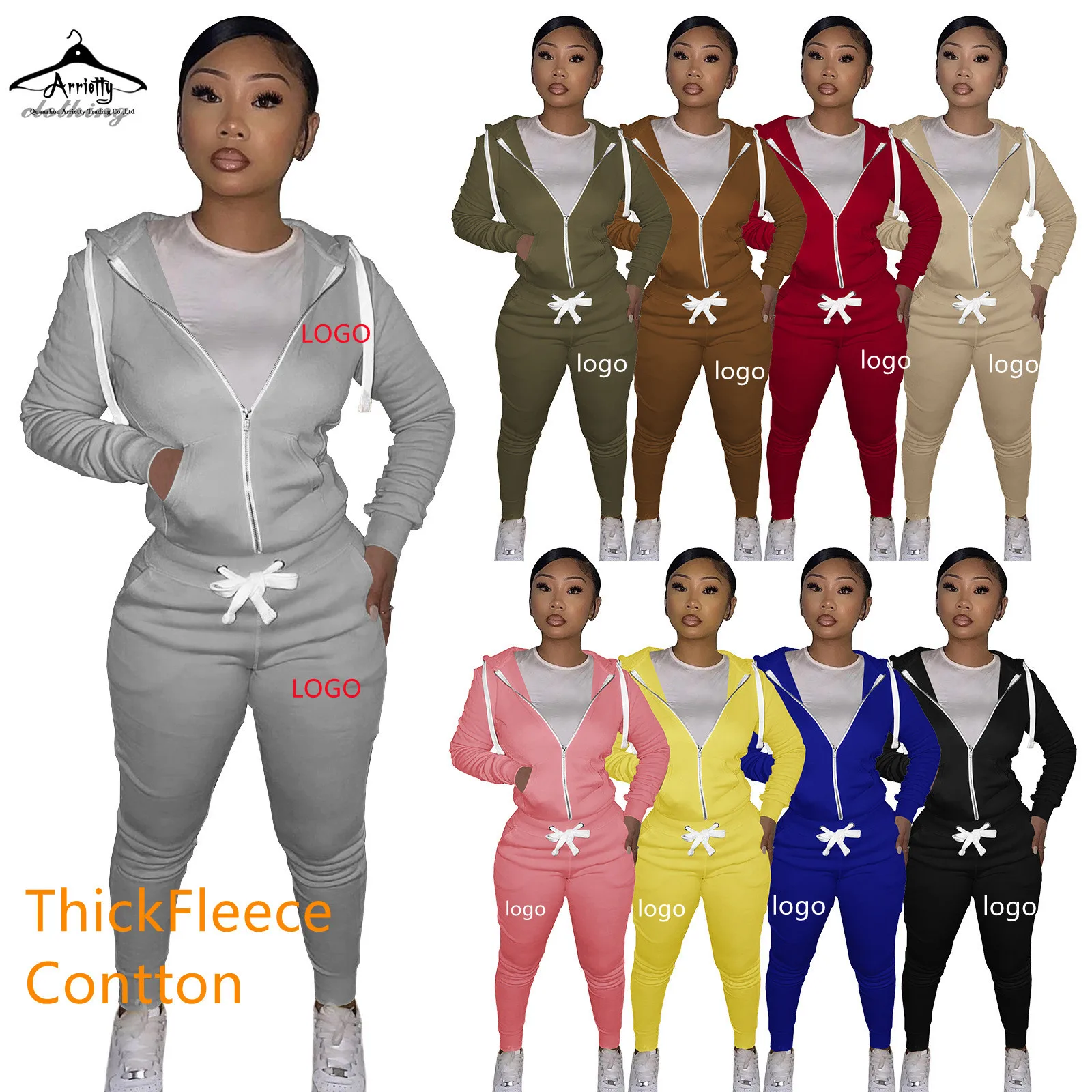 wholesale female zipper up hoodie set cotton Sweatsuit woman tracksuit two piece jogger Set joggers pants two piece pants set