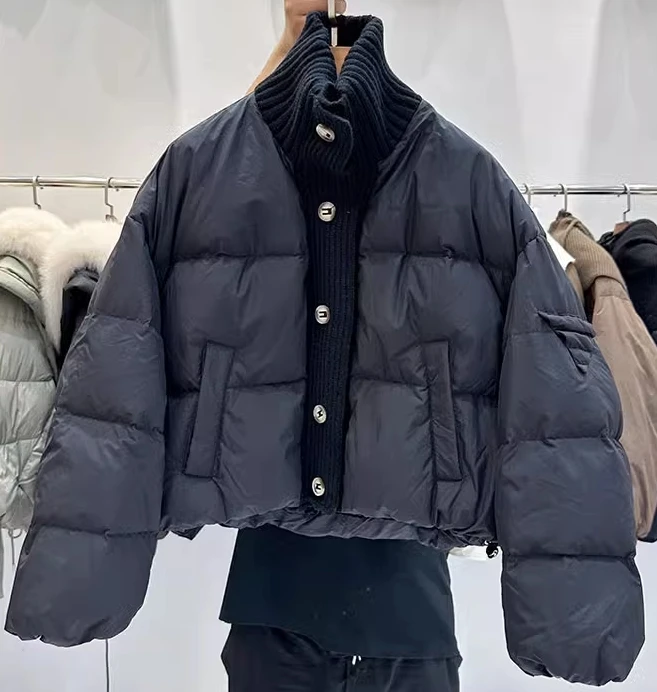 winter duck down jackets for women  short  style jackets with knitted collar and front placket