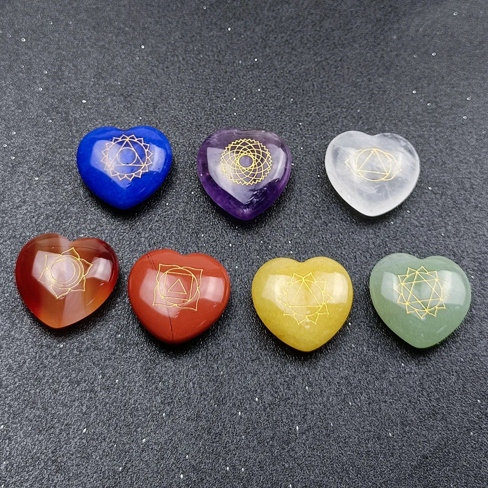 7pcs Chakra Natural Stones Beads Ornament for Jewelry Making Engraved Symbols Polished Stone Reiki Healing Stone Divination Gift