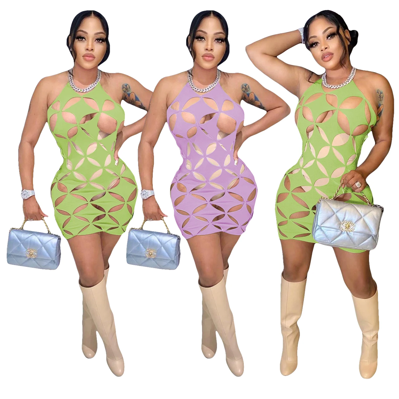 Spring new arrival fashion sexy hollow out halter women nightclub dress 2022 casual clothes girls clothing
