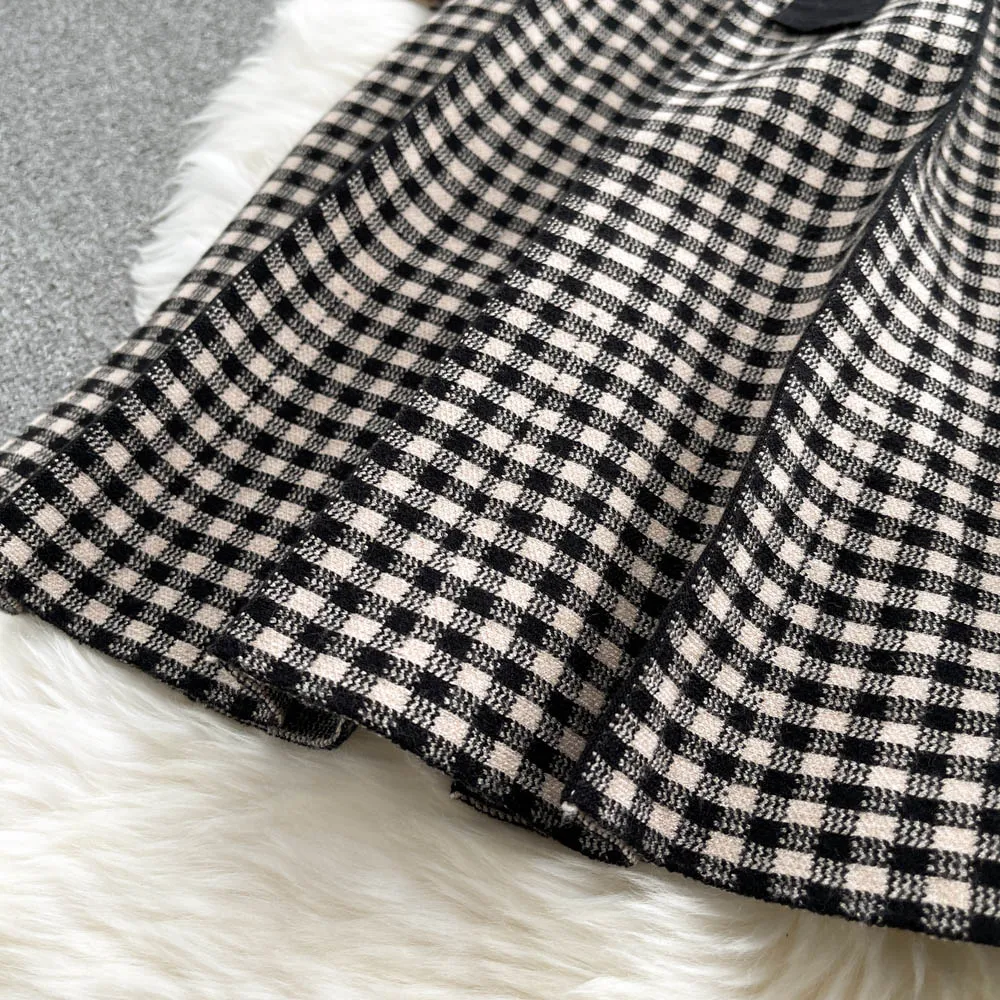 Custom autumn winter long sleeve knit slim collar long French plaid skirt knitted one piece dress
