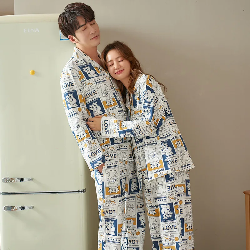Winter Warm Couple Pajama Set Cotton Loose Cardigan Pyjamas Women Men Long Sleeve Homewear Cute Pattern Lovers Pajama Set