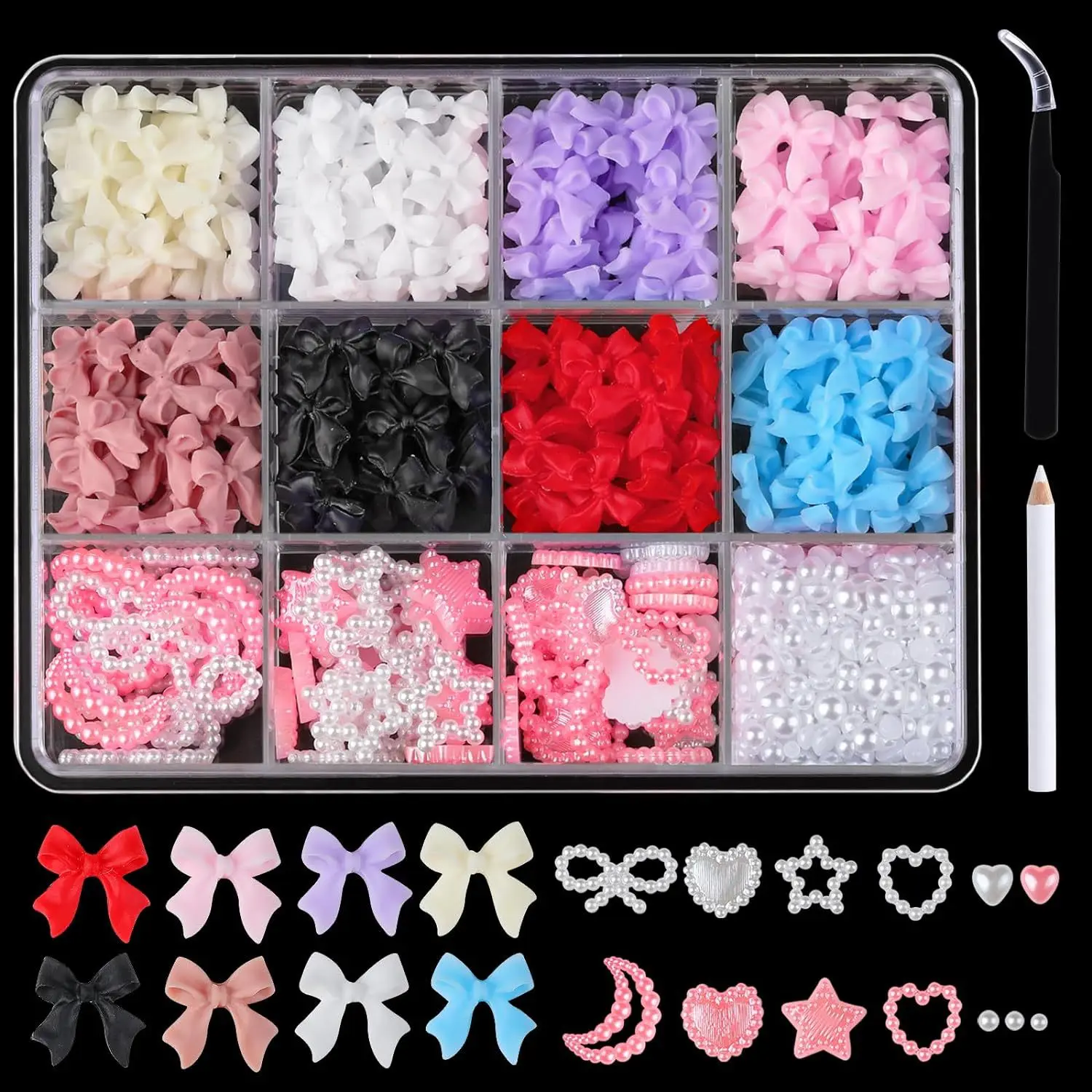 12-Grid Ribbon Bow Tie Christmas White and Red Resin Bow Nail Art Accessories Mixed Set DIY