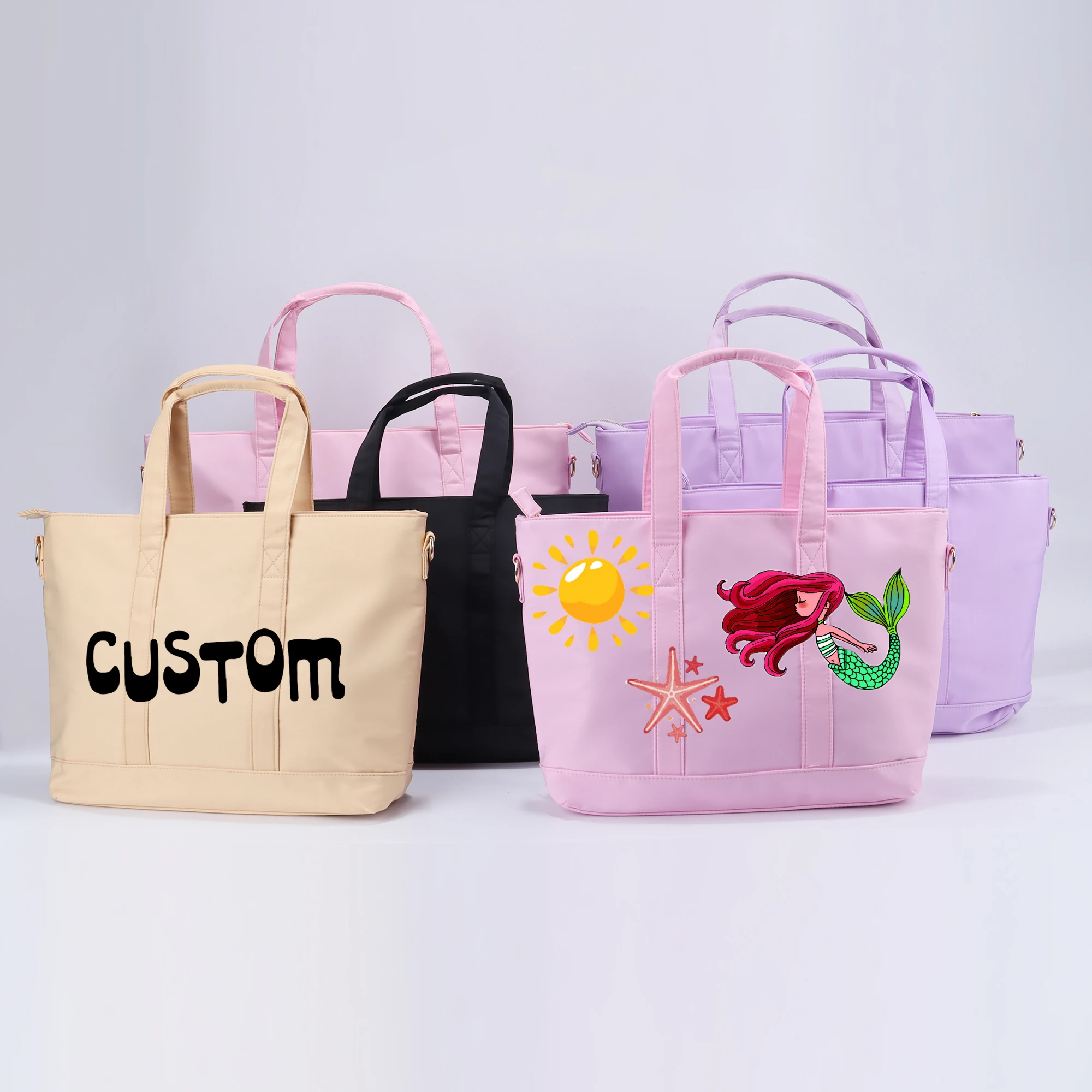 Machine Washable Eco Friendly Women Men Large Size Work Travel Beach Bag Waterproof Tote Bag Plain Pink Black Nylon Tote Bags