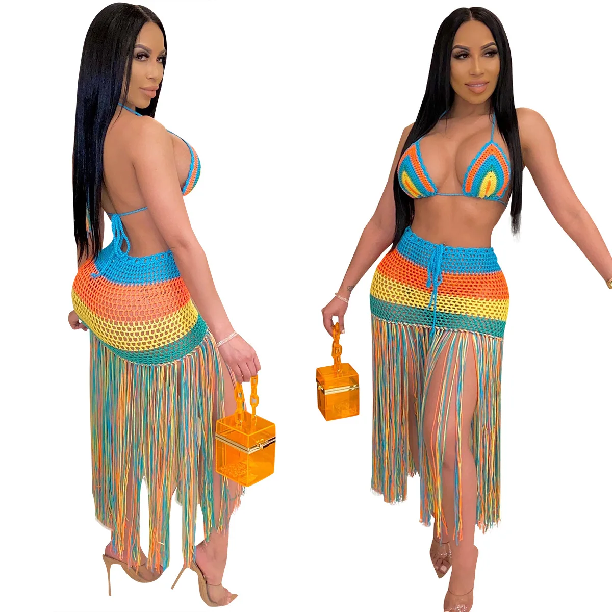 Hand Crochet Summer Vacation Sets Bikini Mesh Top And Skirt 2 Piece Outfits Beach Wear Women Tassel Beachwear