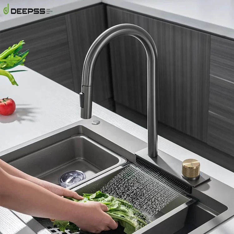 DEEPSS double bowl nano black large sinks multifunction modern stainless steel kitchen sink with waterfall faucet