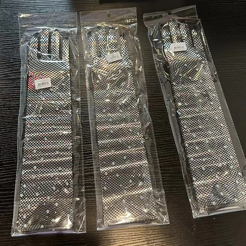 Party cosplay diamonds hollow mesh gloves long sleeve stretch rhinestones five fingers mittens festival sexy lace net gloves