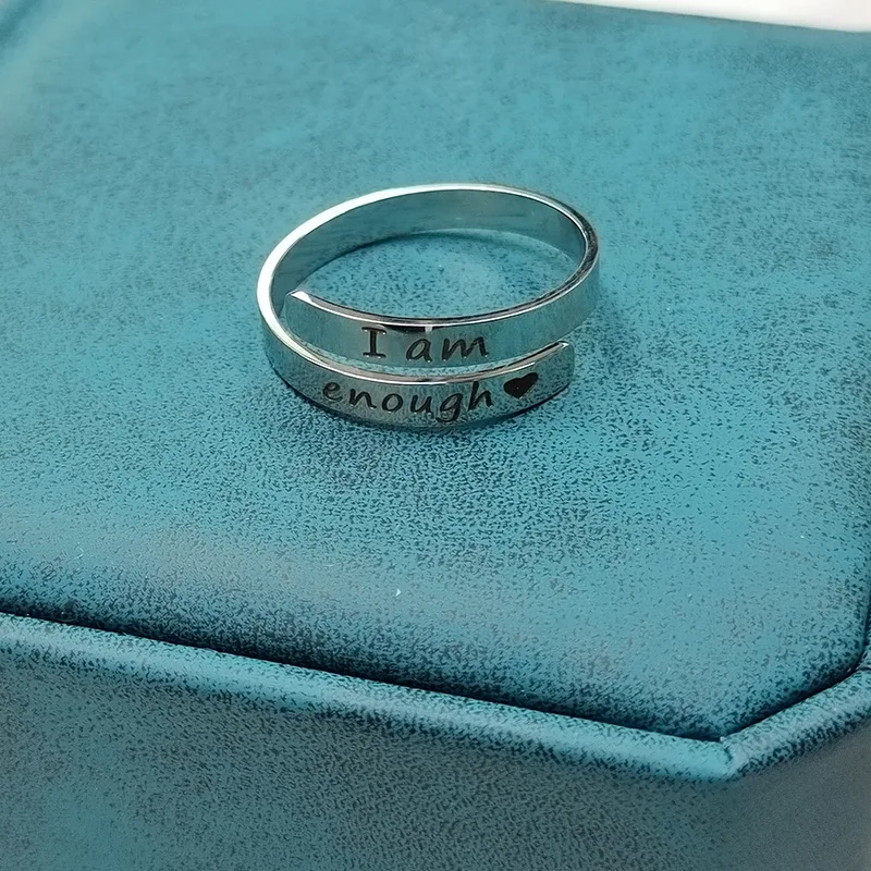 Inspirational 18k Gold Silver Plated Laser Engraved I AM ENOUGH Woman Adjustable Stainless Steel Rings Jewelry
