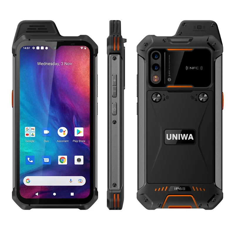Rugged Outdoor Smartphone UNIWA W888 with 6.3 Inch HD+ Screen 2W Speaker Zello PTT NFC IP68 Removable 5000mAh Battery