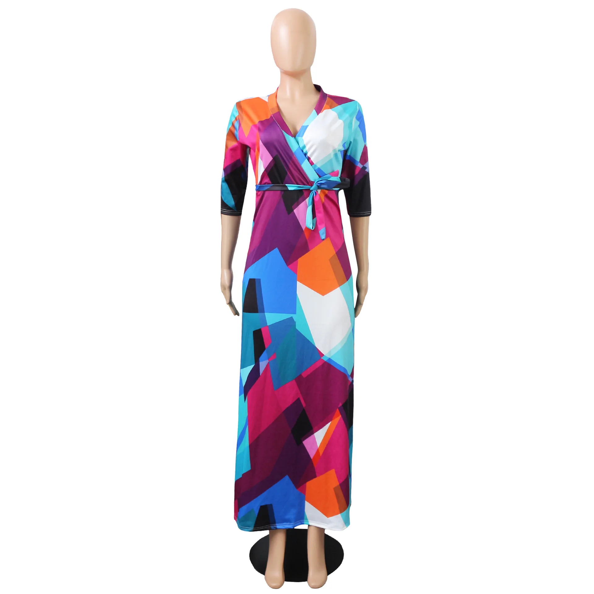 Casual Deep V-Neck long Sleeve Maxi Dress Flower Printed Women Plus Size Dresses