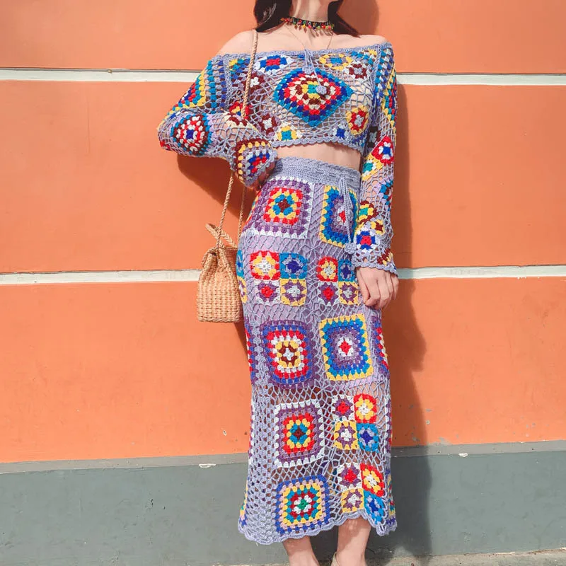 Женский вязаный свитер на заказ, зимний ажурный вязаный крючком свитер ручной работы в стиле бохо, женская вязаная юбка, комплект из 2 предметов, 2023