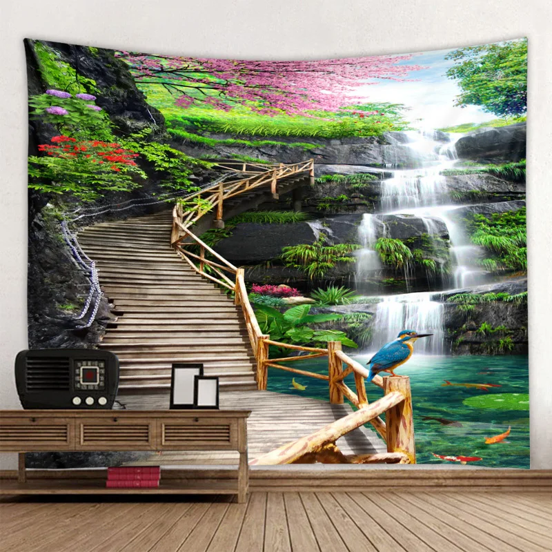 
Wall-mounted wooden bridge beautiful scenery tapestry background cloth decoration cloth room can be customized size pattern logo 