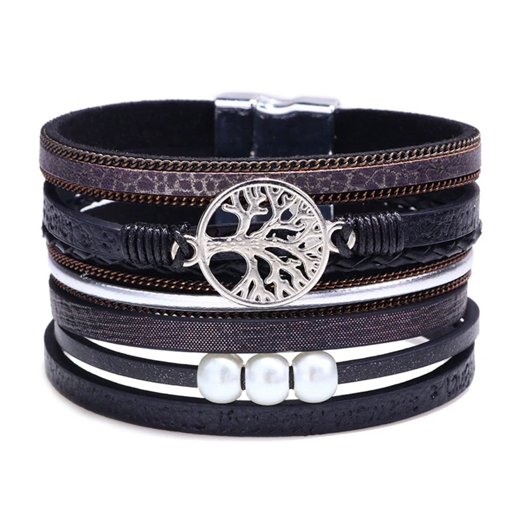 Wholesale Charm Pearl Tree Of Life Wide Magnetic Buckle Clasp Women Multilayer Wrap Leather Bracelet Jewelry For Ladies