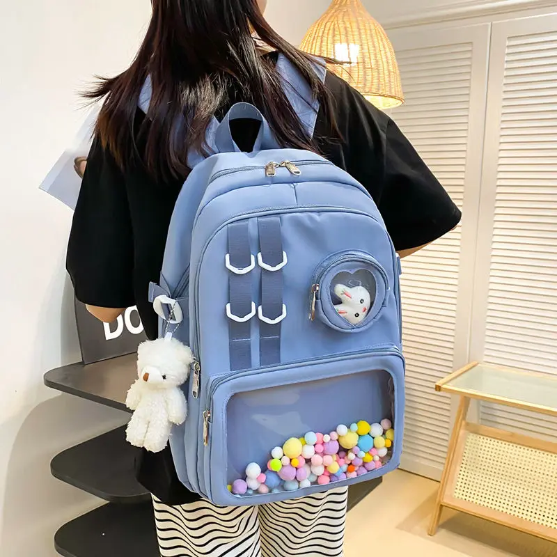Fashion Cute Girls Schoolbag Round Pouch Waterproof Transparent Outer Pocket Lightweight Travel Laptop Backpacks with Acces
